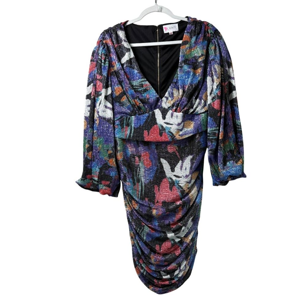L'Atiste By Amy Cocktail Dress Womens XL Multi Color Metallic Floral Long Sleeve